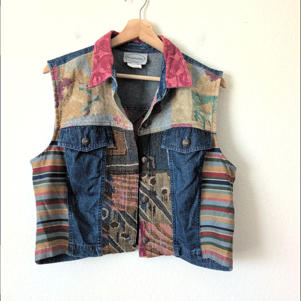 Stonebridge Vintage Denim Patchwork Tapestry Vest Womens Large Grannycore USA - Picture 7 of 7